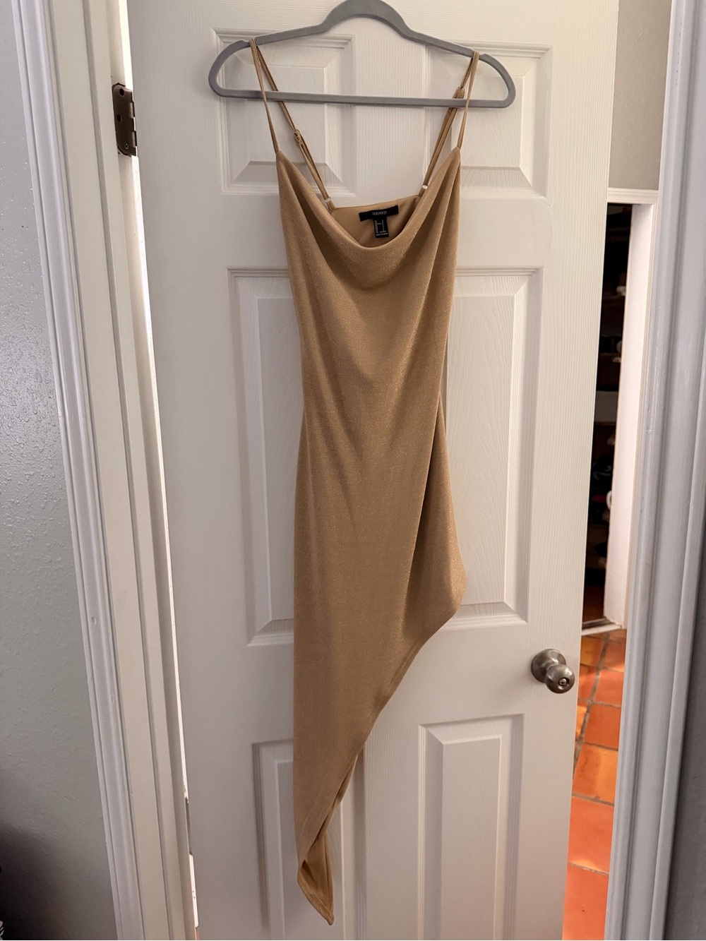 Forever 21 Asymmetrical Cowl Neck Slip Dress in Tan/Gold